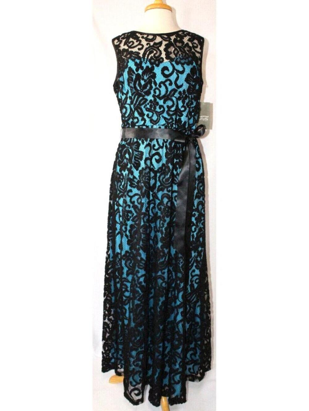 Sally Fashion #8749 Long Stretch Lace Maxi Formal Gown-Size XL-BLACK/TURQUOISE